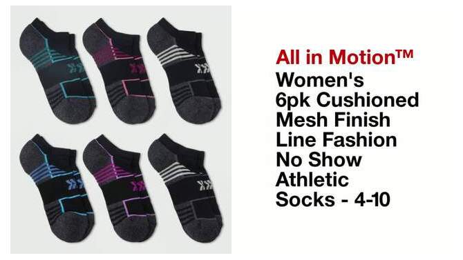 Women's 6pk Cushioned Mesh Finish Line Fashion No Show Athletic Socks - All In Motion™ 4-10, 2 of 5, play video
