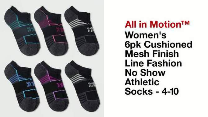 Women's 6pk Cushioned Mesh Finish Line Fashion No Show Athletic Socks - All In Motion™ 4-10, 2 of 5, play video