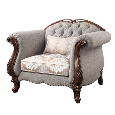 Elegant Floral Button-Tufted Accent Chair with Cherry Queen Anne Legs