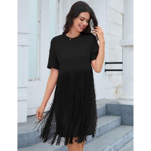 Coolmee Women's Fringed T-Shirt Dresses Crew Neck Short Sleeve Solid Color Stylish Casual Comfortable Fit Flowy Fringed Midi Dresses L Black - 1 of 4