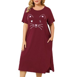 Agnes Orinda Women's Plus Size Soft Knit Cute Cat Print Short Sleeve Split Hem Pockets Midi Sleep Shirts Nightgowns - 1 of 4