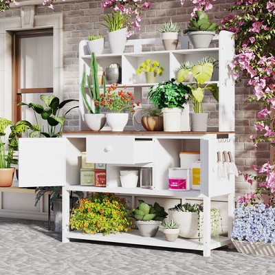 50”W Garden Potting Bench Table, Outdoor Patio Workstation with Hutch, Drawer and Adjustable Shelves, Fir Wood Frame, Brown/White/Natural-ModernLuxe