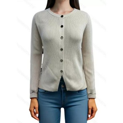 Women's Long Sleeve Button Knit Cardigan Sweater Open Front Crew Neck Striped Cardigan Jacket