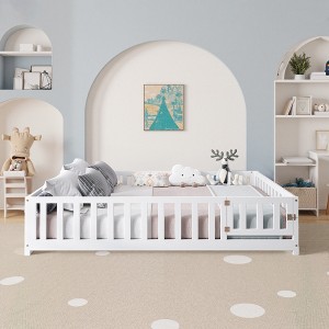 DOMETOUR Kids Full Size Montessori Floor Bed with Fence & Door, Wooden Frame with Slats, White - 1 of 4