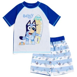 Bluey UPF 50+ Pullover Rash Guard and Swim Trunks Outfit Set Toddler - 1 of 4