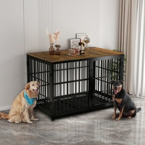 Artloge Heavy Duty Metal Pet Kennel Cage Durable Dog Crate Wooden Tabletop End Side Table with Removable Tray & 3 Lockable Doors for Dogs Furniture - 1 of 4