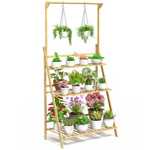 SKONYON Bamboo 3-Tier Hanging Plant Stand Flower Pot Display Shelf - 1 of 4