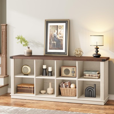 8 Cube Storage Organizer Bookshelf, 3 Tier Farmhouse Horizontal Bookcase, 62 Inch Wood Storage Bookcase for Entryway, Long Low Bookshelves