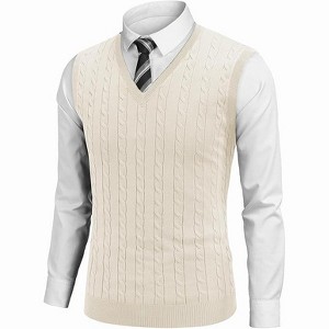 COOFANDY Men's Sweater Vest V Neck Slim Fit Cable Knitted Sleeveless Pullover Sweater - 1 of 4