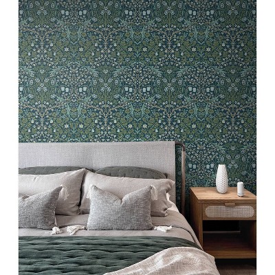 Prussian Blue and Moss Green Damask Peel and Stick Wallpaper