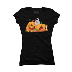 Junior's Design By Humans Halloween Cartoon Pumpkins And Ghost By VectorVillain T-Shirt - 1 of 3