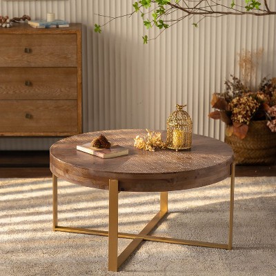 33.86"Modern Retro Splicing Round Coffee Table,Fir Wood Table Top with Gold Cross Legs Base