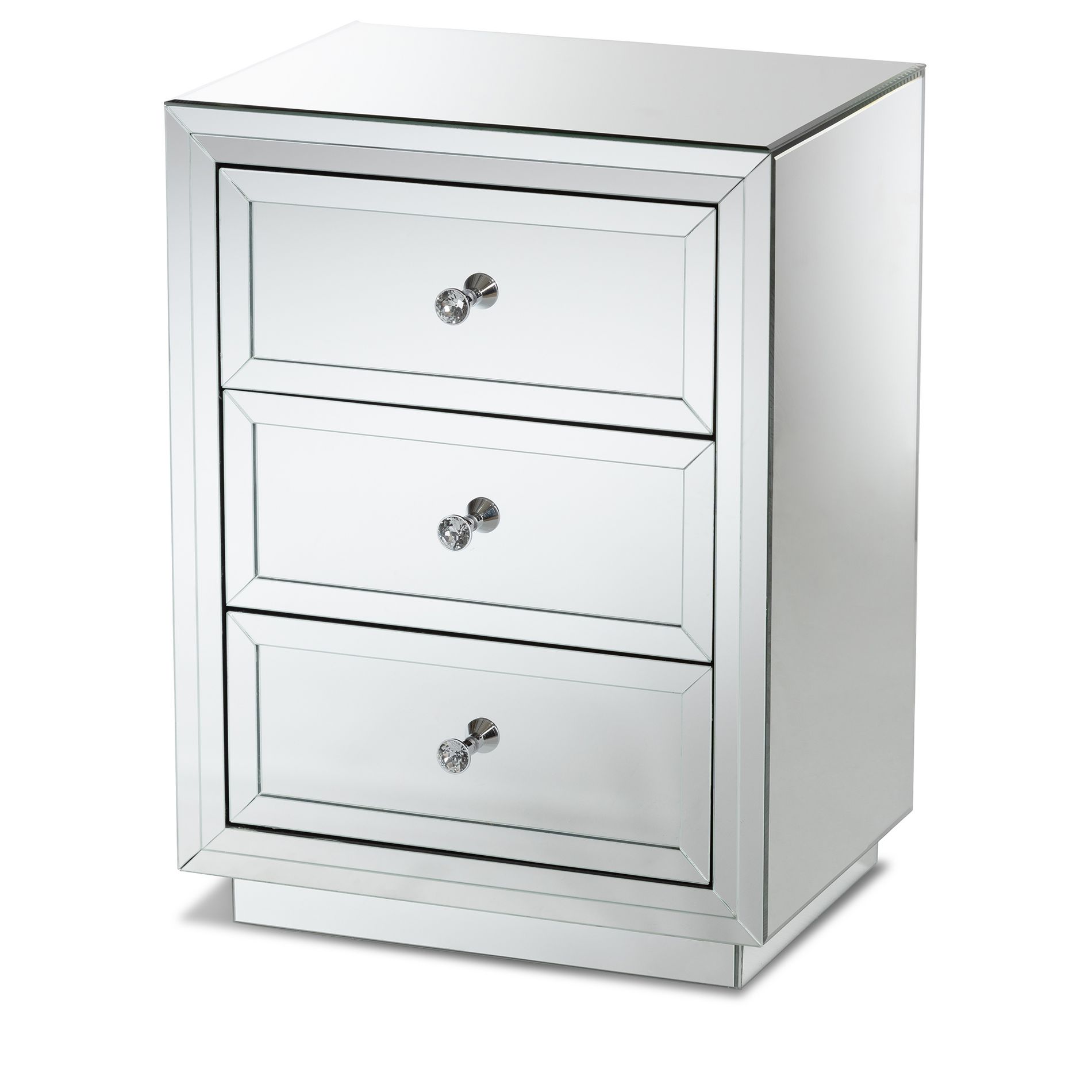 Lina Mirrored 3 Drawer Nightstand Bedside Table Silver - BaxtonStudio: Contemporary Style, MDF Construction, No Assembly Required