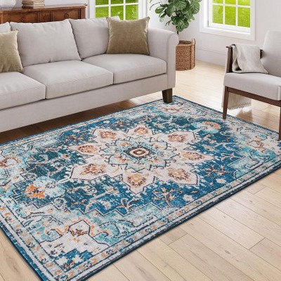 Kumasinova Vintage Boho Area Rug, Washable Rug with Floral Pattern, Faux Cashmere Living Room Rug, Non-Slip Rugs, Stain-Resistant Door Mat