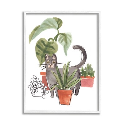 Stupell Industries Grey Cat Pet Terracotta House Plants Tropical Monstera