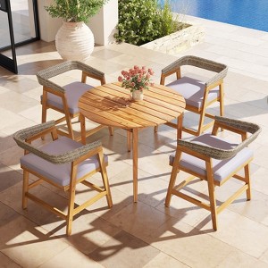Costway 5 Piece Patio Dining Set Outdoor Solid Wood Furniture with Rattan Backrest - 1 of 4