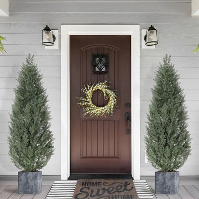 Artificial Topiary Trees Set of 2,UV Resistant Faux Cedar Porch Tree w/Decorative Grass,Potted Fake Evergreen Cypress Plants for Indoor Outdoor