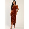 Elegant Velvet Ruched Bodycon Wrap Off The Shoulder Dresses for Women High Slit Cocktail Party Midi Dresses Light Brown S - 2 of 4