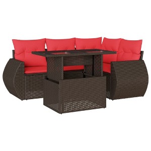 vidaXL Patio Sofa Set with Cushions and Table Outdoor 5 Piece Poly Rattan - Brown without storage - 1 of 4