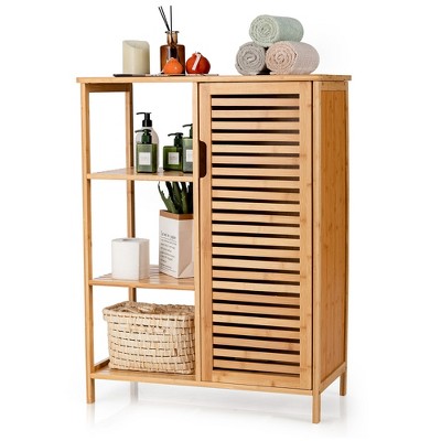 Costway Bathroom Cabinet Bamboo Storage Floor Cabinet w/ Single Door & 3 Open Shelves