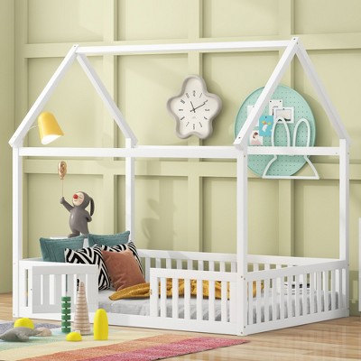 ALEXOUN Wood House Bed with Fence and Door, Wooden Bed Frame with Roof for Teens, Boys or Girls, for Bedroom Apartments