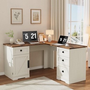 Executive L Shaped Desk, Farmhouse Home Office Desk with File Drawers and Storage Cabinet, Corner Computer Desk with Adjustable Side Storage Cabinet - 1 of 4