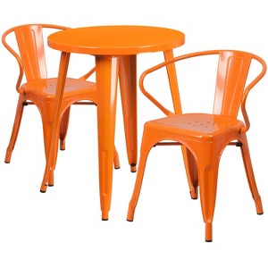 Emma and Oliver Commercial 24" Round Orange Metal Indoor-Outdoor Table Set with 2 Arm Chairs - 1 of 4