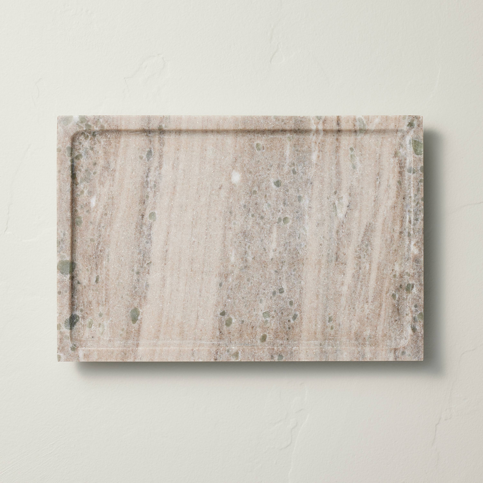 8"x12" Footed Marble Countertop Tray Warm Beige - Hearth & Hand™ with Magnolia: Acacia Wood Base, Rectangular Shape