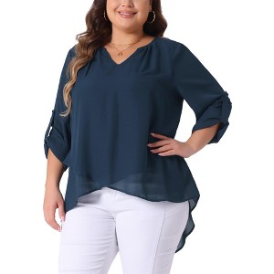 Agnes Orinda Women's Plus Size V-Neck Long Sleeve High Low Asymmetric Hem Layer Casual Blouses - 1 of 4