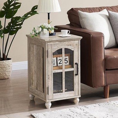 Gericco Narrow Side Table,Farmhouse Nightstand with Charging Station,End Table with Glass Barn Door Storage