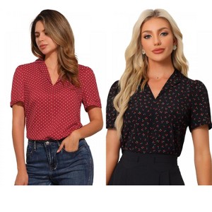 INSPIRE CHIC Women's Short Sleeve Casual V Neck Print Notch Lapel Collar Summer Blouses 2 Packs - 1 of 4