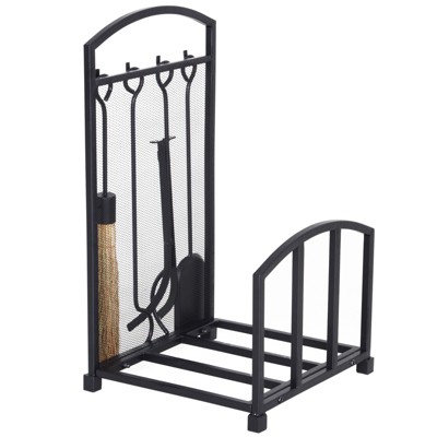 HOMCOM Firewood Log Rack Storage Holder Stand with Tool Kit and Wrought Metal Frame for Indoor/Outdoor Use Black