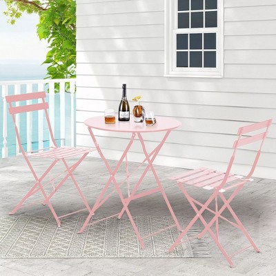 EROMMY Outdoor 3-Pc Bistro Set, Patio Dining Set, Foldable, Stainless Steel, Suitable for Patio, Balcony, Garden, Pool - Pink