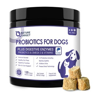 NATURE TARGET Dog Probiotics - 6B CFUs for Digestive Health, Prebiotics, Enzymes, Omega 3 & Vitamins for Skin & Coat, Salmon-Flavored, 120ct - 1 of 4