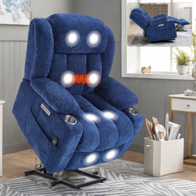 1pc Power Lift Recliner Chair, Chenille Fabric with Massage & Heat, USB Ports & Cup Holders for Elderly Support - Coolbibila