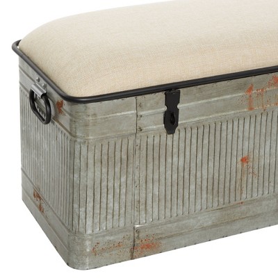 Gray Galvanized Metal Storage Bench with Beige Upholstered Seat