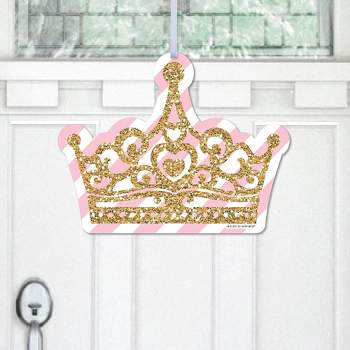 Big Dot of Happiness Little Princess Crown - Hanging Porch Pink & Gold Baby Shower or Birthday Party Outdoor Decor - Front Door Decor - 1 Piece Sign