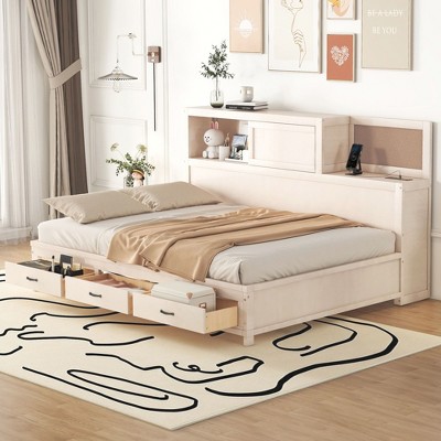 NicBex Full Size Daybed Modern Wooden Bed Frame with 3 Drawers, Soft Board, Shelf and Door for Bedroom, Living Room, No Box Spring Required