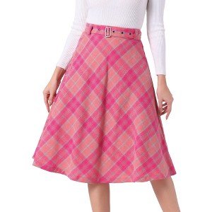 INSPIRE CHIC Women's Tartan Plaid High Waist Belted Vintage A-Line Midi Skirt - 1 of 4