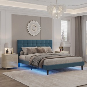 Queen Size Linen Upholstered Platform Bed with RGB Lights and Adjustable Headboard - ModernLuxe - 1 of 4