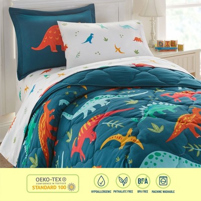 Twin Blue Microfiber Kids Dinosaur Sheet Set