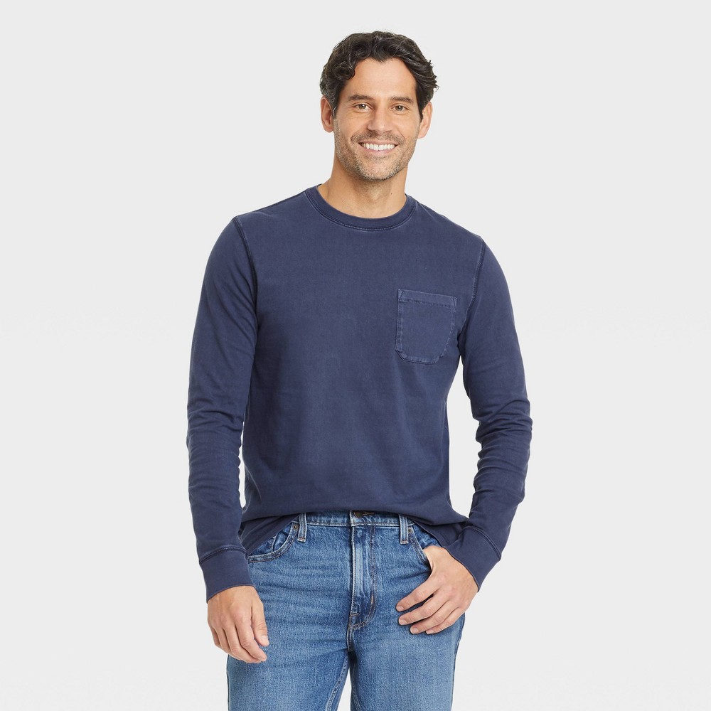 Case of 12 Men's Long Sleeve Garment Dyed Pocket T-Shirt - Goodfellow & Co Blue M