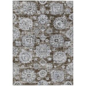Chocolate And Blue Floral Washable Indoor Outdoor Area Rug - 1 of 4