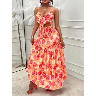 Mocamel Women's Lace-Up Bow Pleated Skirt Long Skirt with Random Printed Design, Romantic Holiday Style