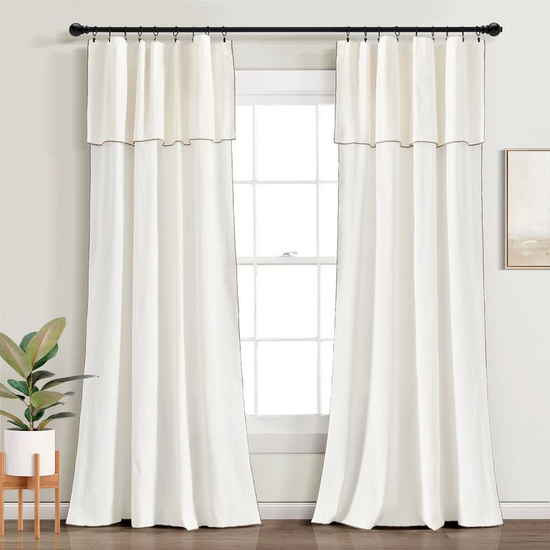 Modern Faux Linen Embroidered Edge With Attached Valance Window Curtain Panels Light Linen 52X84 Set, 1 of 7