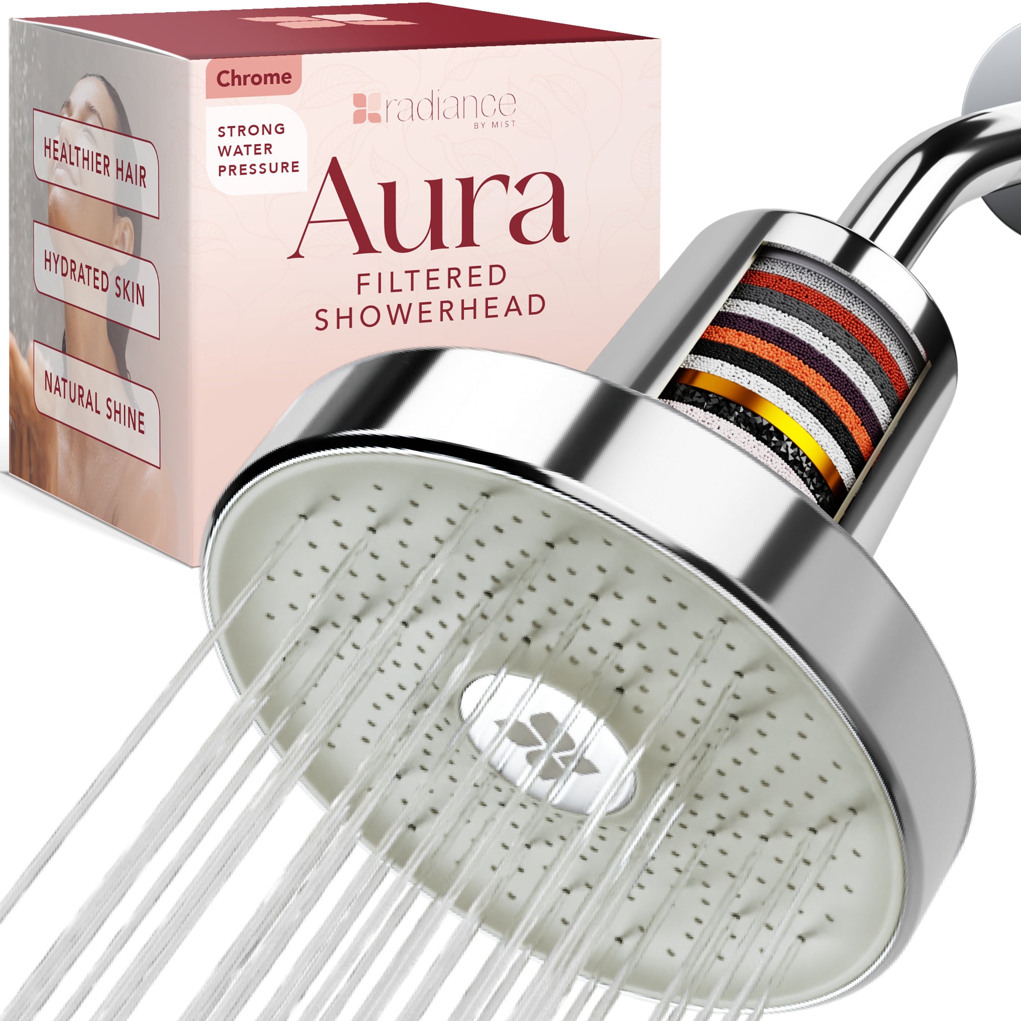 Radiance by Mist Aura Water Softening Filtered Shower Head with Replaceable Filter and High-Pressure Output, Chrome