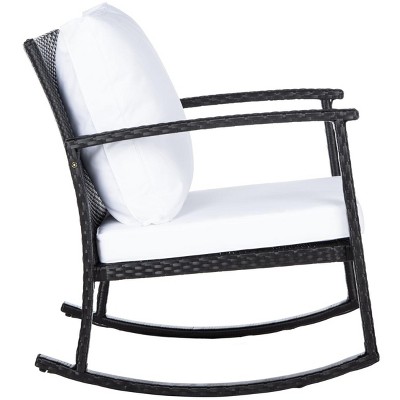 Breezy Black PE Rattan Rocking Chair with Plush White Cushions