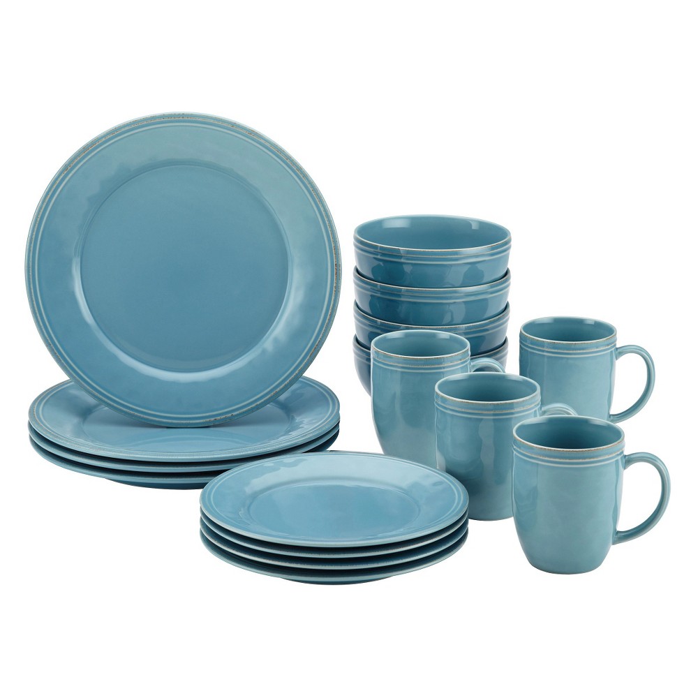 Photos - Glass Rachael Ray 16pc Cucina Dinnerware Set Blue: Ceramic Ikat Design, Service for 4, Includes Plates, Bowls & Mugs