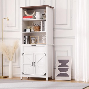 6-Tier Bookshelf with Doors and Drawer, 72" Tall Farmhouse Bookcase with Adjustable Shelves and Barn Door, Storage Cabinet Living Room - 1 of 4