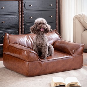 ATJafurn 31.5” leather Sofa for Pets with Non-Slip Base, Mid-Century Modern Pet Couch Bed bear up to 50lbs, Brown - 1 of 4